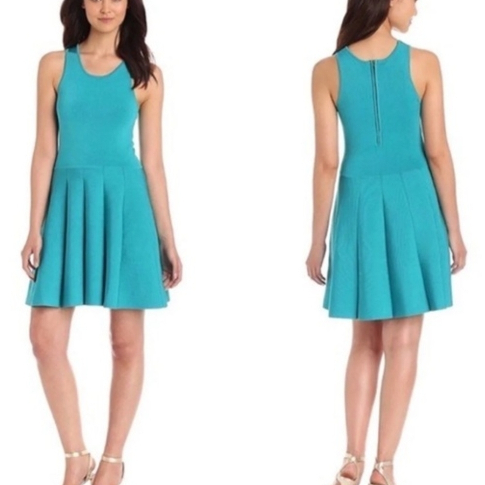 Parker Lucia Teal Green Pleated Retro Y2K Knit Fit & Flare Dress Sz XS